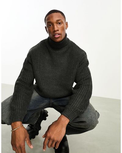 ASOS Oversized Knitted Fisherman Rib Roll Neck Sweater - Black