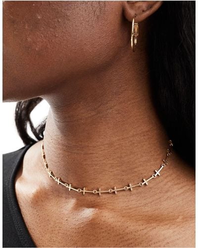 AllSaints Cross Choker Necklace - Brown