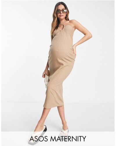 ASOS Asos Design Maternity Ribbed Midi With Halter Neck Tie Detail Dress - Brown