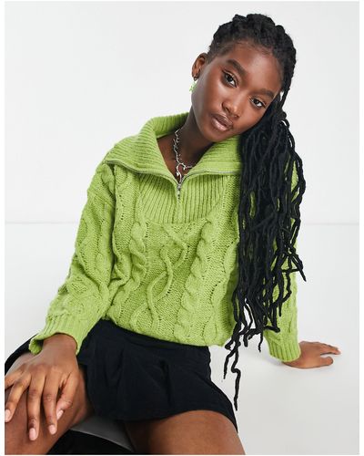 Daisy Street Cable Knitted Sweater With Collar - Green
