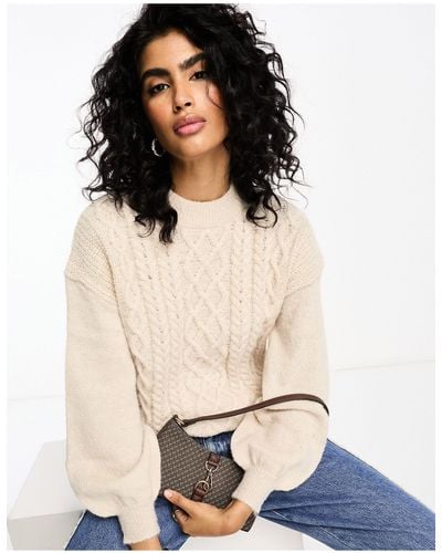 Vila Cable Knit Jumper With Puff Sleeves - Natural