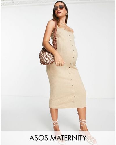 ASOS Asos design maternity - vestito midi color sabbia a coste con bottoni e volant sul fondo - Neutro