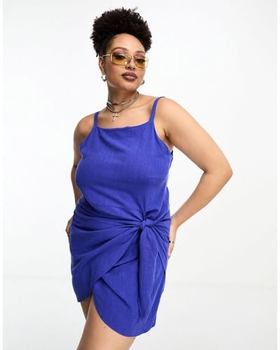ONLY Linen Blend Wrap Mini Dress - Blue