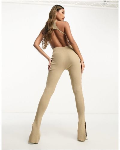I Saw It First Ribbed Open Back Flared Jumpsuit - Natural
