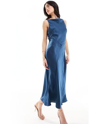 ASOS Satin Square Neck Midi Dress With Cowl Back Detail - Blue