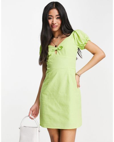 Collective The Label Puff Sleeve Tie Front Mini Dress - Green