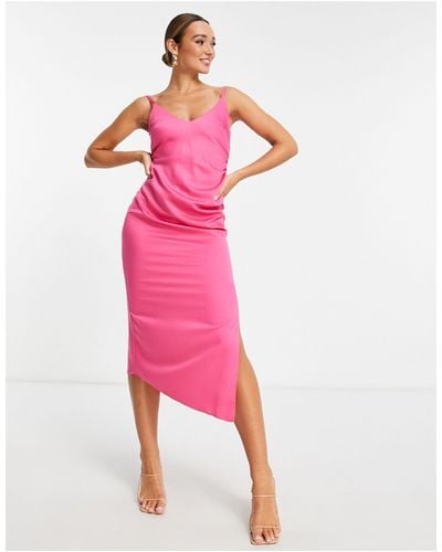 Vesper Satin Midi Dress With Thigh Split Detail - Pink
