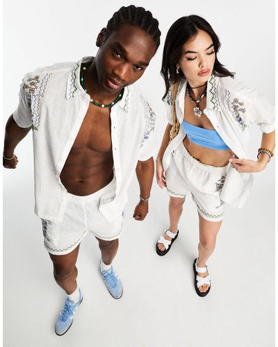 Reclaimed (vintage) Unisex Cotton Shirt Co-ord With Embroidery - White