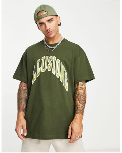 Weekday T-shirt kaki oversize con stampa "illusions" - Verde