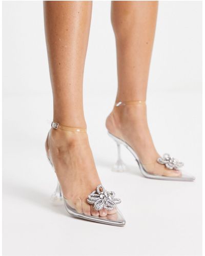 Public Desire Vibez Heeled Shoes With Diamante Flower Detail - White