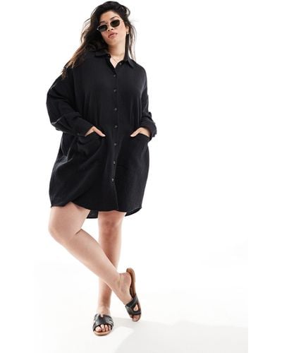 ASOS Asos Design Curve Double Cloth Oversized Shirt Dress With Dropped Pockets - Black