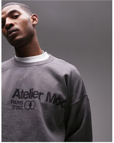 TOPMAN Oversized Fit Sweatshirt With Atelier Print - Gray