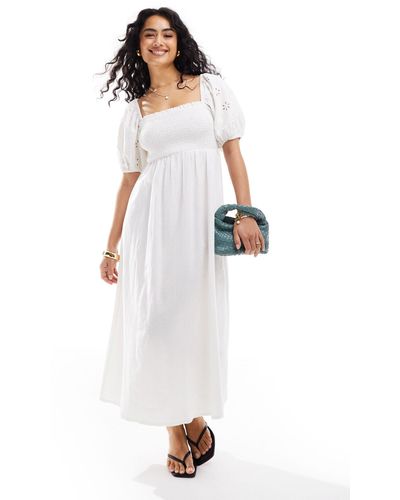 New Look Shirred Broderie Detail Linen Blend Dress - White