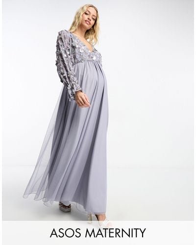 ASOS Asos Design Maternity Embellished Wrap Front Tulle Skirt Midaxi Dress With Floral Detail - Blue