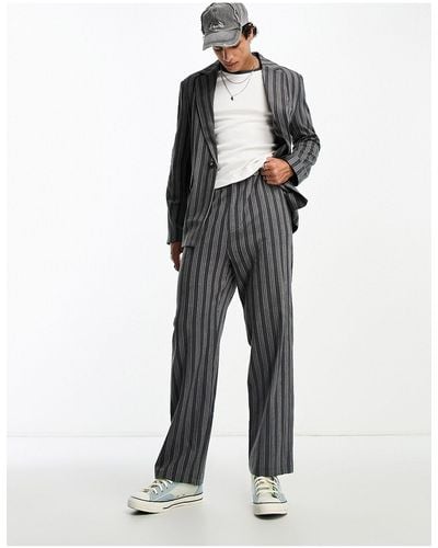 Reclaimed (vintage) Pantalon d'ensemble droit à rayures vintage - bleu et gris - Multicolore