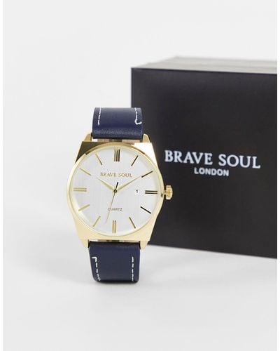 Brave Soul Leather Strap Watch With Date Feature - Blue