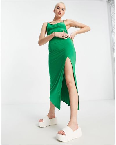 Pull&Bear Asymmetric Midi Dress With Side Split - Green