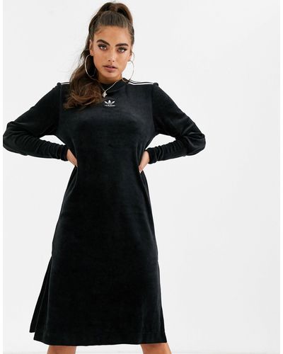 adidas Originals – Kleid aus Samt mit drei Streifen - Schwarz