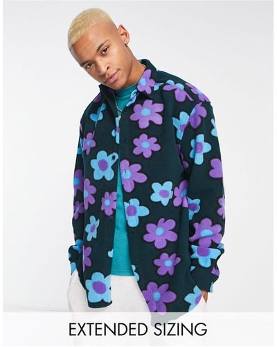 ASOS – oversize-hemd aus polarfleece im stil der 90er-jahre mit blumenmuster - Blau
