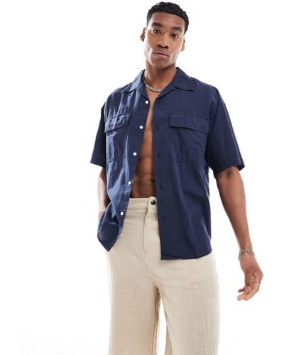 Jack & Jones Oversized Utility Pocket Linen Shirt - Blue