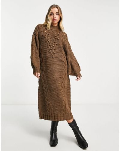 Object Chunky Roll Neck Maxi Jumper Dress - Brown