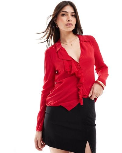 Mango Ruffle Front Blouse - Red