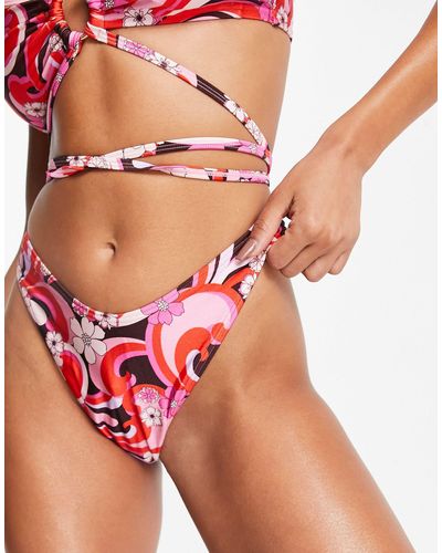 New Look Slip bikini con stampa astratta rétro e laccetti laterali - Rosso