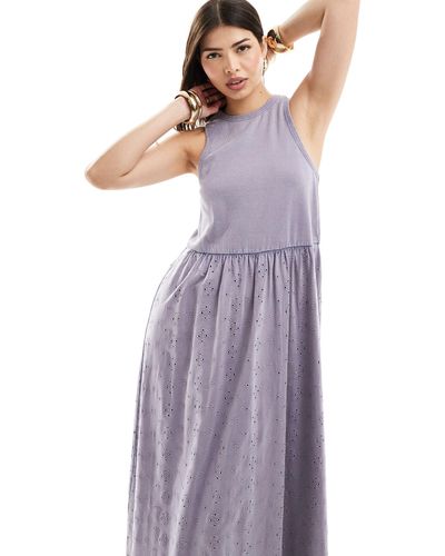 ASOS Ribbed Tank Midaxi Dress With Broderie Skirt - Purple