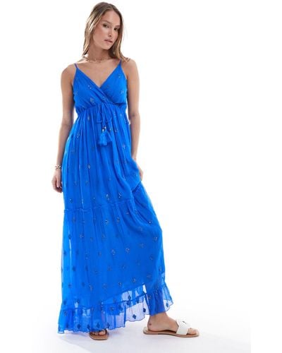 South Beach Sequin Detail Cami V Neck Maxi Dress - Blue