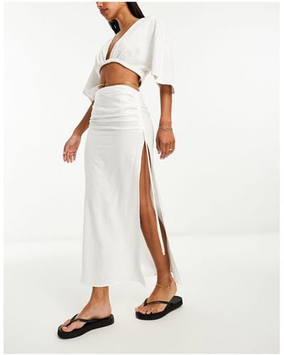 Bershka Ruched Split Side Linen Midi Skirt - White