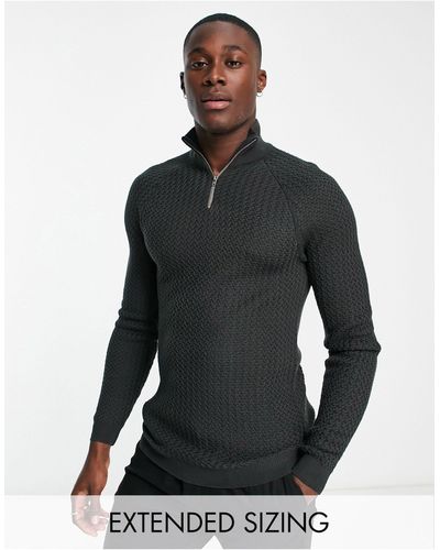 ASOS Muscle Fit Textured Knit Half Zip Sweater - Black