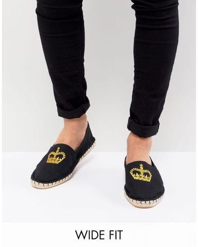 ASOS Asos Wide Fit Espadrilles In Black Canvas With Crown Embroidery