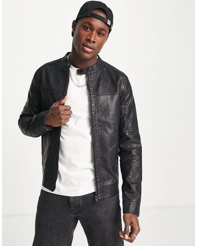 Jack & Jones Essentials Faux Leather Biker Jacket - Blue