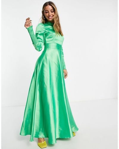 ASOS Long Sleeve Satin Maxi Tea Dress With Gathered Waist And Shirred Cuffs - Green