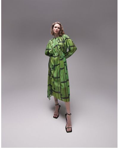 TOPSHOP Midi-jurk Met Aangerimpelde Taille, Zakdoekzoom En Print - Groen
