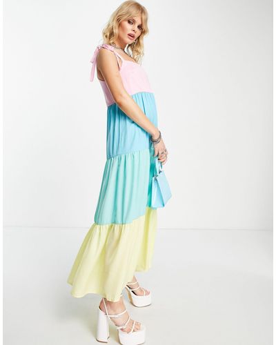 Twisted Wunder Tiered Color Block Midi Dress With Tie Sleeves - Blue