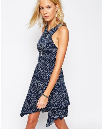Abercrombie & Fitch Wrap Skirt High Neck Strappy Dress Printed Skater - Blue