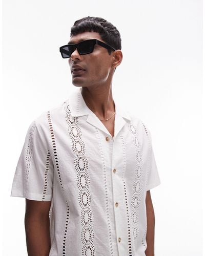 TOPMAN Short Sleeve Revere Broderie Pattern Shirt - White
