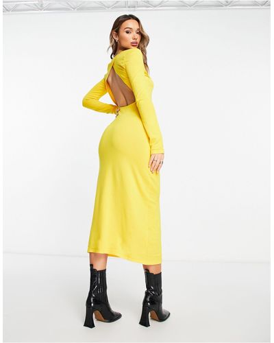 NA-KD Knitted Open Back Midi Dress - Yellow