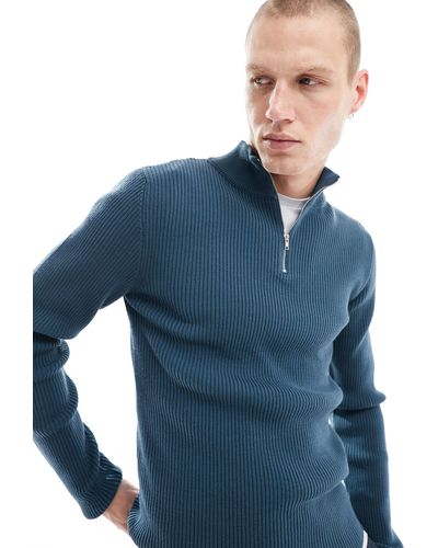 ASOS Muscle Fit Knitted Essential 1/2 Zip Jumper - Blue