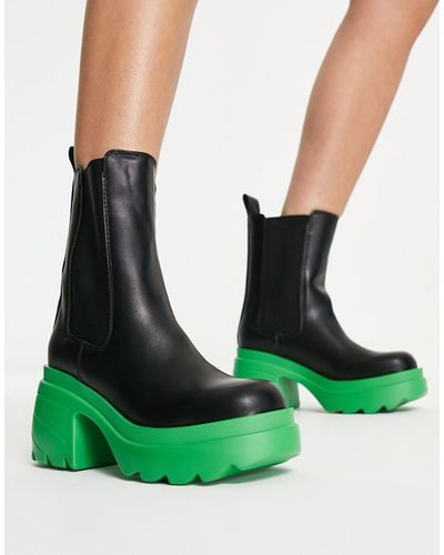 Truffle Collection Chunky Pull On Heeled Chelsea Boots With Contrast Sole-black - Green
