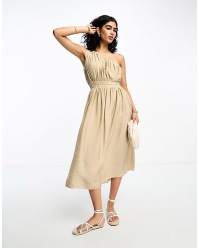 French Connection One Shoulder Ruched Midi Dress - Natural
