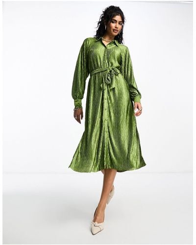 Y.A.S Plisse Shirt Dress With Tie Belt - Green