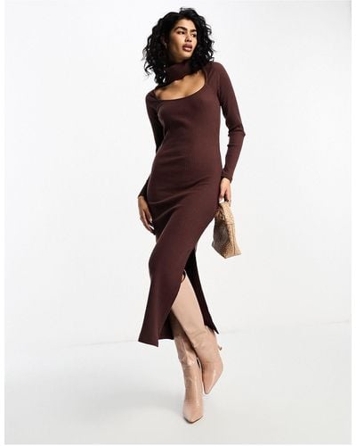 ASOS Supersoft Rib Long Sleeve Fitted Midi Dress With Choker Detail - Brown