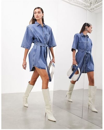 ASOS Denim Shoulder Pad Mini Dress With Belt - Blue