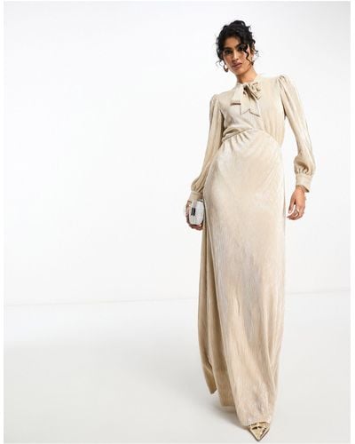 TFNC London Pleated Metallic Maxi Dress With Neck Tie - Natural