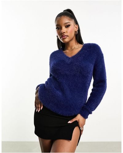 Threadbare Ivy - maglione oversize soffice con scollo a v - Blu