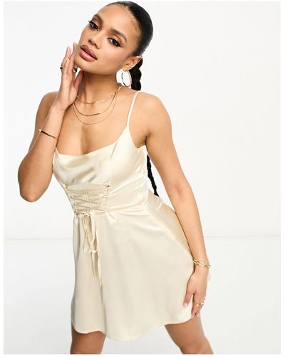 AsYou Satin Lace Up Cowl Detail A-line Mini Dress - White