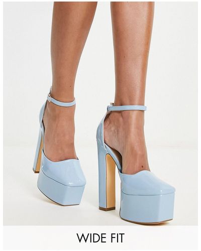 Truffle Collection Wide Fit Square Toe Platform High Heeled Shoes - Blue