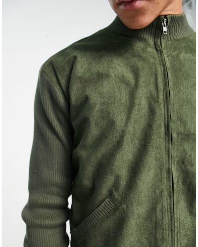 Reclaimed (vintage) Knitted Zip Through Suede Mix Sweater - Green